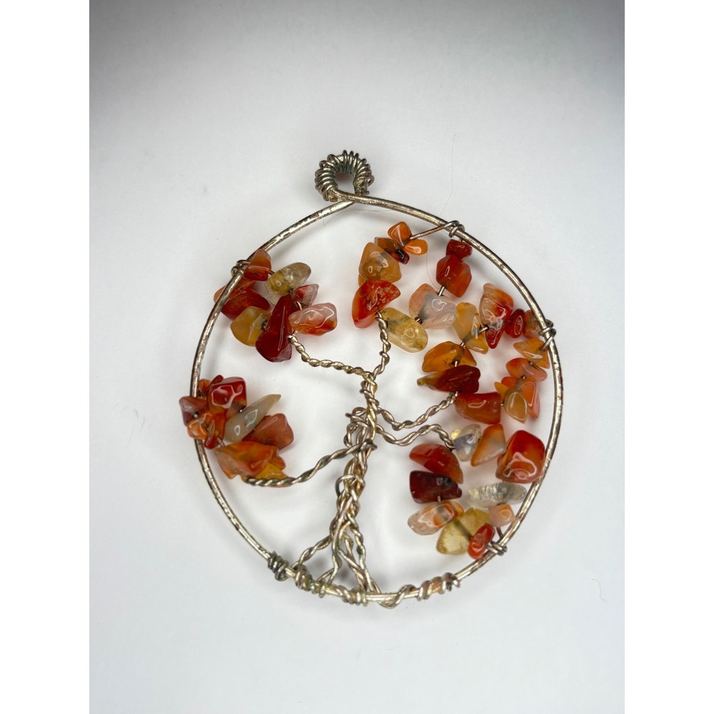 Carnelian Tree of Life Wire Wrapped Pendant Silver Tone Boho Crystal Medallion‎